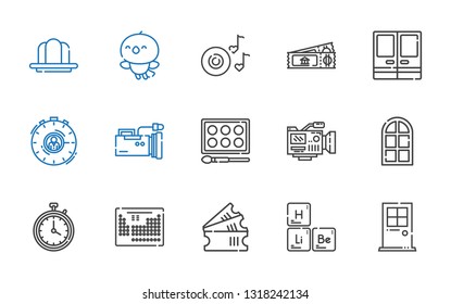 elements icons set. Collection of elements with door, periodic table, tickets, stopwatch, video camera, watercolor, doors, ticket, romantic music. Editable and scalable elements icons.