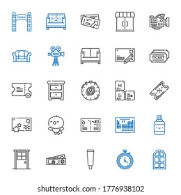 conjunto de iconos de elementos. Colección de elementos con puerta, cronómetro, pasta dental, boleto, líquido corrector, tabla periódica, postal, pájaro, puesto de noche. Iconos de elementos editables y escalables.