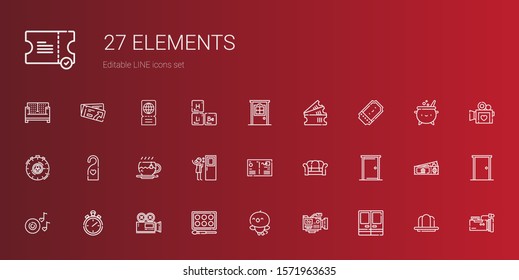 elements icons set. Collection of elements with doors, video camera, bird, watercolor, stopwatch, romantic music, door, sofa, postcard, tea. Editable and scalable elements icons.