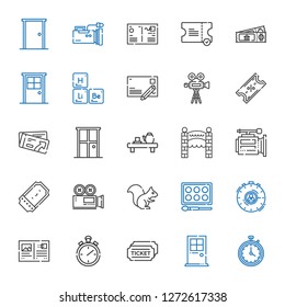 elements icons set. Collection of elements with stopwatch, door, tickets, postcard, watercolor, squirrel, video camera, ticket, entrance. Editable and scalable elements icons.