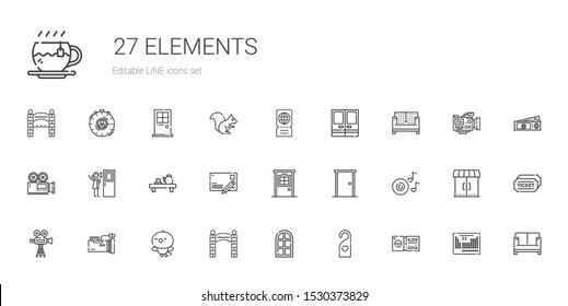 elements icons set. Collection of elements with ticket, doorknob, door, entrance, bird, video camera, romantic music, postcard, tea, sofa. Editable and scalable elements icons.