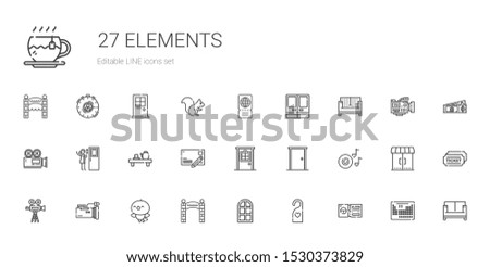 elements icons set. Collection of elements with ticket, doorknob, door, entrance, bird, video camera, romantic music, postcard, tea, sofa. Editable and scalable elements icons.