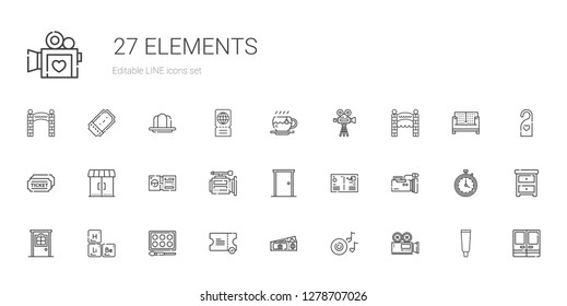 elements icons set. Collection of elements with video camera, romantic music, ticket, watercolor, periodic table, door, postcard, entrances. Editable and scalable elements icons.