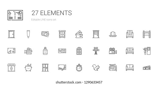 elements icons set. Collection of elements with video camera, squirrel, stopwatch, postcard, door, cauldron, entrances, ticket, correction fluid. Editable and scalable elements icons.