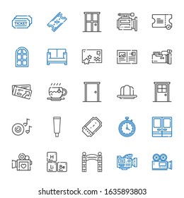 elements icons set. Collection of elements with video camera, entrance, periodic table, doors, stopwatch, ticket, tooth paste, romantic music. Editable and scalable elements icons.