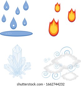 Elements icons water fire air/wind and earth crystals