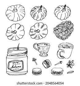 Elements to illustrate hygge, autumn mood or cozy holidays. Outline icon set of pumpkin, clove, candle, macaroons with tea or coffee cup vector isolated on white background. 