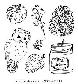 Elements to illustrate hygge, autumn mood or cozy holidays. Icon set of autumn mood hand drawn vector illustrations isolated on white background.
