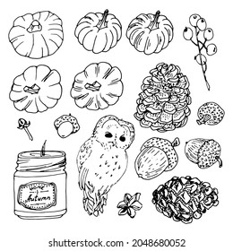 Elements to illustrate hygge, autumn mood or cozy holidays. Icon set of  hand drawn vector illustration isolated on white background. 