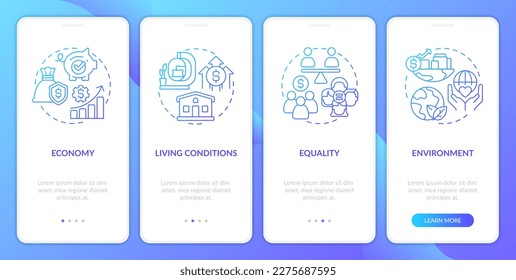 Elements of inclusive growth index blue gradient onboarding mobile app screen. Walkthrough 4 steps graphic instructions with linear concepts. UI, UX, GUI template. Myriad Pro-Bold, Regular fonts used
