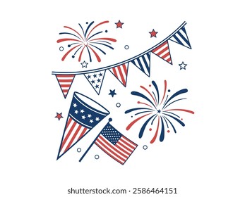 Elements of Independence Day of America, July 4th Celebration, Patriotic Symbols, and Fireworks