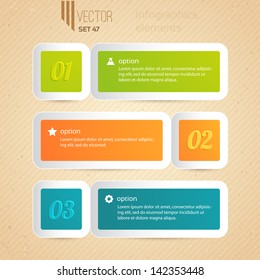 Elements for info graphic. Three numbered tabs with descriptions.