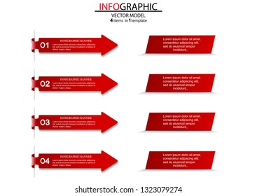 Elements of infographics.Red arrows indicate four bars.Four steps of the infographics in the form of arrows and tablets with text and numerals. Elements of infographics for business and advertising.