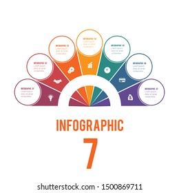 Elements of Infographics Conceptual Cyclic Processes Possible to Use for Workflow, Banner, Diagram, Web design, Timeline, Area chart,Number options. Colorful semicircle and circles for 7 Positions.