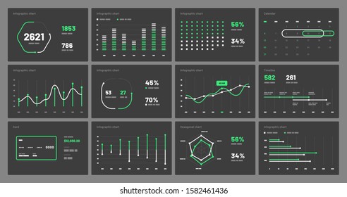 Elements of infographics on a black background.  Dashboard UI and UX Kit with big data visualization.