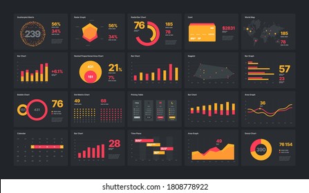 Elements of infographics on a black background. For business layout, presentation template, flyer, leaflet and corporate report. UI and UX Kit with big data visualization.