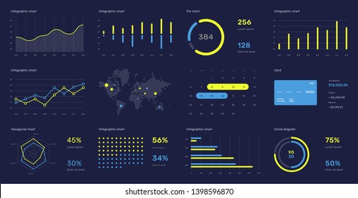 Elements Of Infographics On A Dark Background. Use In Presentation Templates, Flyer And Leaflet, Corporate Report. Dashboard Template With Big Data Visualization.