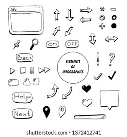 Elementos de infografía sobre fondo blanco, flechas, botones de jugador, nube de información, signo de geolocalización, signos matemáticos, búsqueda, siguiente, atrás, activado, desactivado. Estilo cómic.