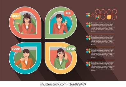 elements of info-graphics speech bubbles on a dark background in the form of a flower inside a woman showing different gestures