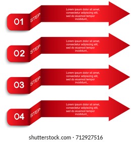Elements of infographics.Four steps of infographics in the form of arrows with numeration and text.Four red arrows.Four elements of infographics for business and advertising.Vector banners.