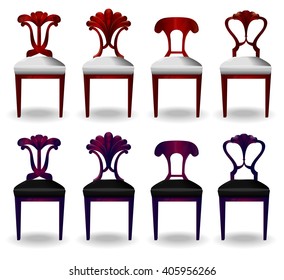 Elements of interior chair.Modern chairs.Creative interior objects collection.Chair classic detailed vector illustration.Furniture icons.Vector chair isolated on a white background.