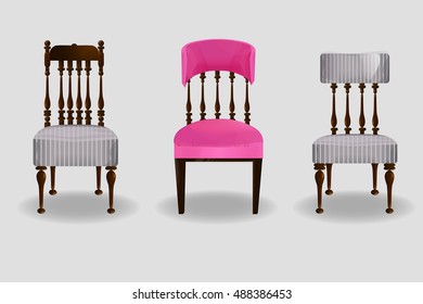 Elements of interior chair.Modern chairs.Creative interior objects collection.Chair classic detailed vector illustration.Furniture icons.Vector chair isolated on a white background.Big set.