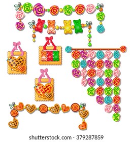 Elements of the interior rooms on sweets isolated on white background. Vector cartoon close-up illustration.