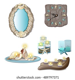 Elements of the interior of seashells and tea candles isolated on a white background. Vector cartoon close-up illustration.