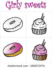 Elements isolated on white background. Vector. Doodle and cartoon. Cupcake with straws and donut with sprinkles. Black and white drawing and color. Use in coloring books for children and adults.