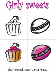 Elements isolated on white background. Vector. Doodle and cartoon. Cupcake with cherries and macaroon. Black and white drawing and color. Cupcake and macaroon. Use in coloring books for children.