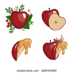 Elements are isolated on white. A set of different apples. Slice, whole apple and half. Autumn fruit. Thanksgiving stickers. Harvest.