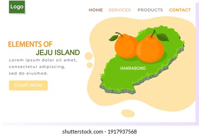 Elements of Jeju island landing page template with mandarine orange Hanrabong. Traveling to asia. Plantation of famous citrus fruit exotic plant of green island in south korea, touristic entertainment