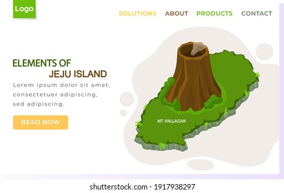 Elements of Jeju island landing page template. Traveling to asia by landmark mt hallasan. Dormant volcano in cartoon style main attraction of green island in south korea, touristic entertainment