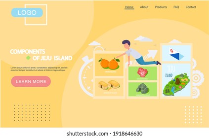Elements of Jeju Korean island poster. Travel to South korea. Welcome to Jeju. Vacation in Asia. Banner traditional landmarks, symbols, popular place for visiting tourists at green tropical isle
