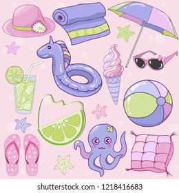 
Elements of kids summer holidays. Collection of summer beach accessories for kids. Vector illustration of a hats, glasses, flip flops, beach umbrella, ice cream,  and cartoon icons