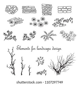 Elements for landscape design. Trees, bushes, stones, tiles. Hand drawn vector illustration.