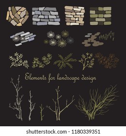 Elements for landscape design. Trees, bushes, stones, tiles. Hand drawn vector illustration.