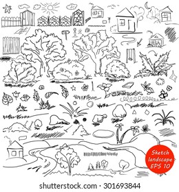 Elements of landscape in outline. Doodle sketch outdoor elements. Tree, grass, nature, bushes, leaves, flowers, houses pencil drawing in vector