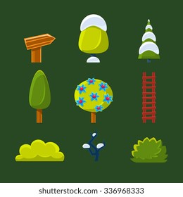 Elements for landscape Trees, Bushes and Sign, Vector Illustration Collection
