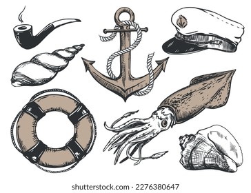 Elements of the life of a sea fisherman. Anchor with a rope, captain's cap, smoking pipe, life buoy, squid, sea clams. Vector illustration in vintage style, engraving effect.