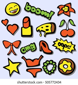 elements like heart, flower, smile, flower, pizza, lips, shoe, donut, star, lipstick, cherry, bow,bracelet. Vector hand drawn fashion stickers kit. Modern doodle pop art sketch badges.