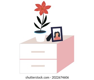 Elements Of Living Room With Commode, Houseplant Potted Flower, Photo In Frame. Indoor Furniture Design, Modern Home Interior Objects. Contemporary Furniture, Bedside Table With Pull-out Drawers