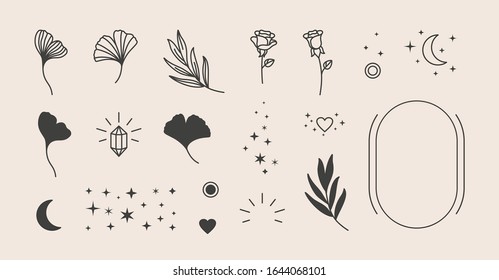 Elements For Logo Design - Rose, Ginkgo Biloba Leaf, Stars, Moon, Frame. Vector Illustration In A Minimal Linear Style. To Create Logos, Prints, Patterns, Posters, And Other Designs