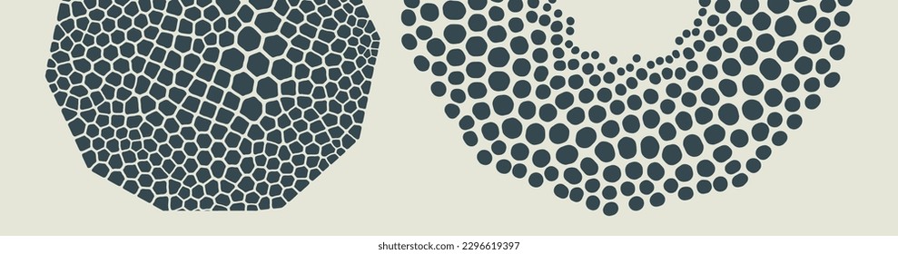 Elements made of uneven spots, blobs, specks of various size. Scientific illustration with cells or cell membranes. Black and white design. 3D vector for brochure, poster, card, flyer or banner. 