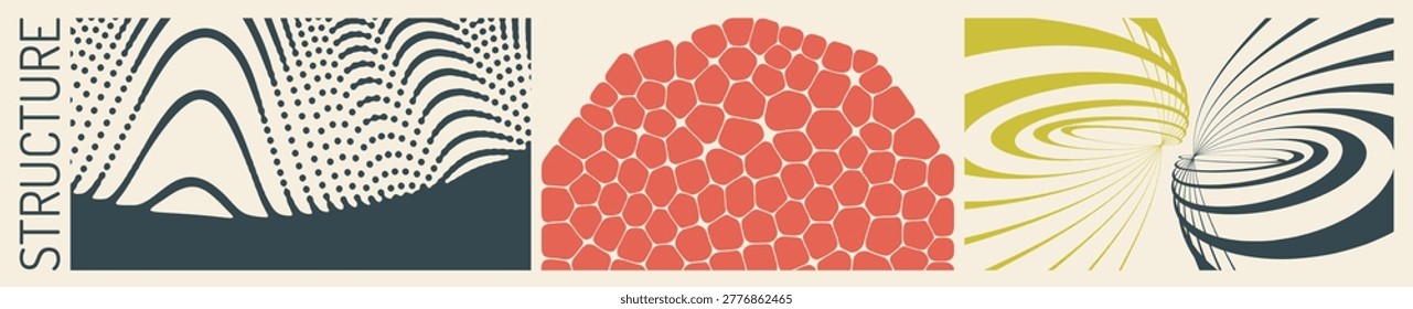 Elements made of uneven spots, blobs, specks of various size. Abstract digital waveform. Sound wave of deformed stripes. Scientific illustration with cells or cell membranes. 3D vector for design. 