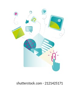 Elements for mail app and web in envelope: globe, message, document, like, idea, image, music, video, browser, emoji, files, attachments. Hand pressing paperclip button. Flat vector illustration