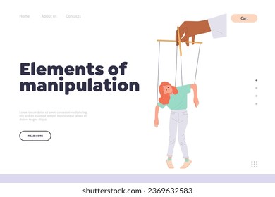 Elements of manipulation concept for landing page design template with hand of puppet master