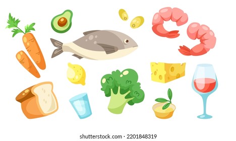 Elements of Mediterranean diet vector illustrations set. Collection of cartoon drawings of seafood, fish, shrimps, vegetables, bread isolated on white background. Nutrition, food, diet concept
