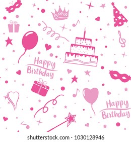 Elements of a merry children's holiday, birthday in pink. Vector seamless pattern.