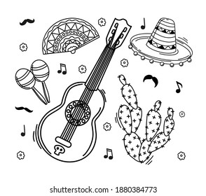 Elements of Mexican culture in the outline style. Sombrero, Mexican guitar and maracas on a white background. Vector.